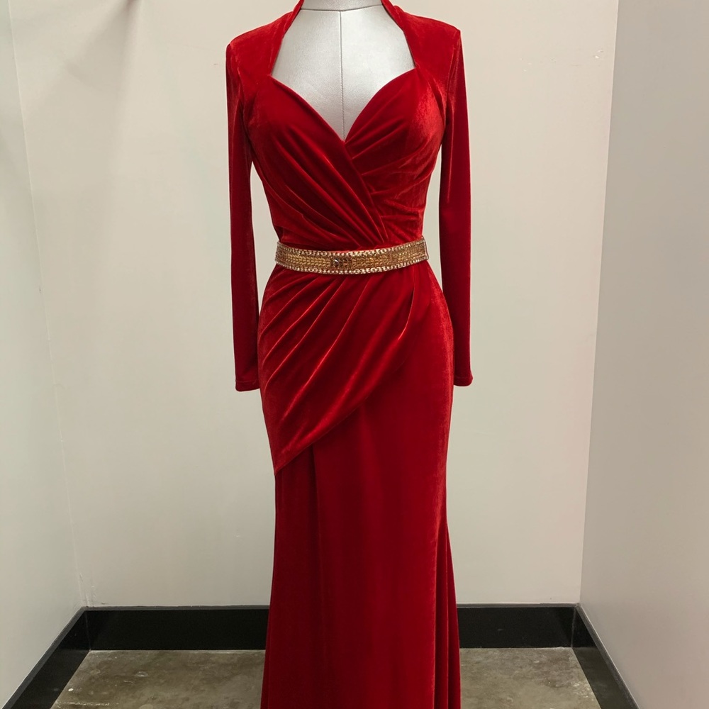 Johnathan Kayne Red Velvet Gown with Gold Accents